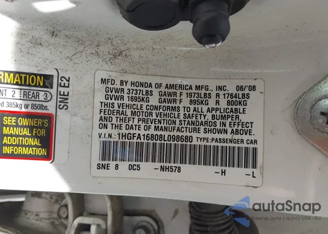 2008 Honda Civic Ex from USA, damaged, VIN 1HGFA16808L098680